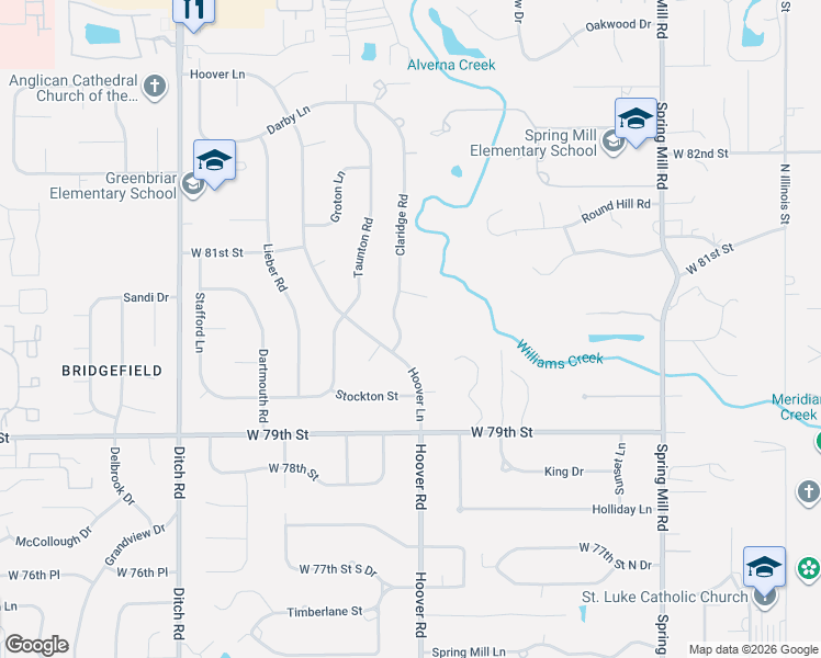 map of restaurants, bars, coffee shops, grocery stores, and more near 7975 Hoover Lane in Indianapolis