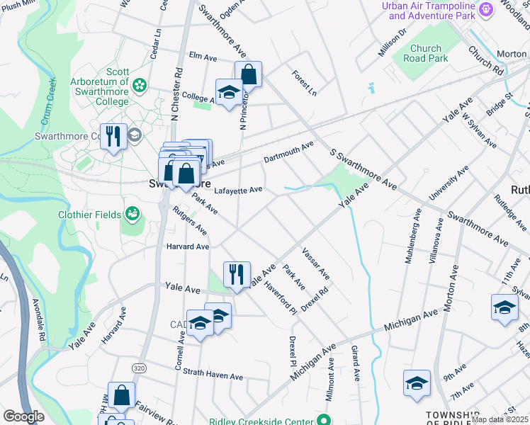 map of restaurants, bars, coffee shops, grocery stores, and more near 300 Harvard Avenue in Swarthmore