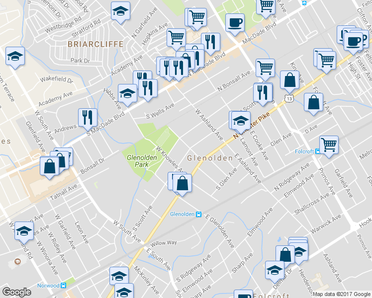 map of restaurants, bars, coffee shops, grocery stores, and more near 102 South Scott Avenue in Glenolden