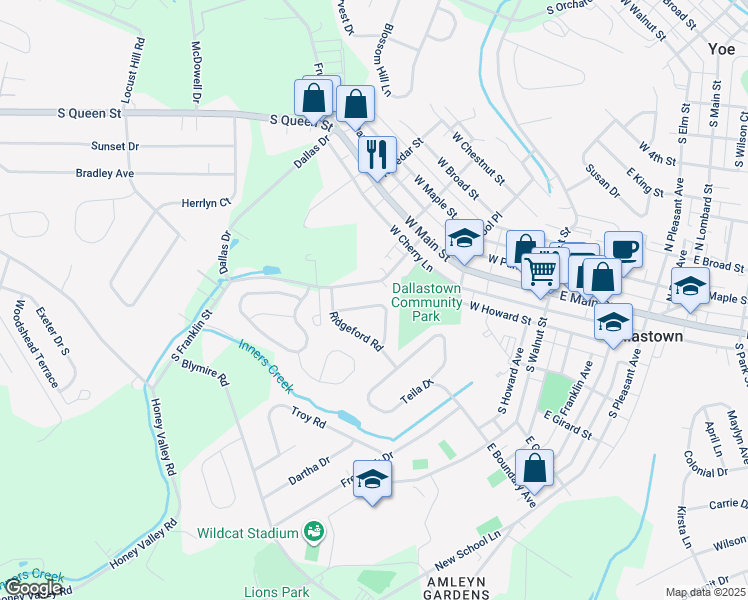 map of restaurants, bars, coffee shops, grocery stores, and more near 213 Leaderton Drive in Dallastown