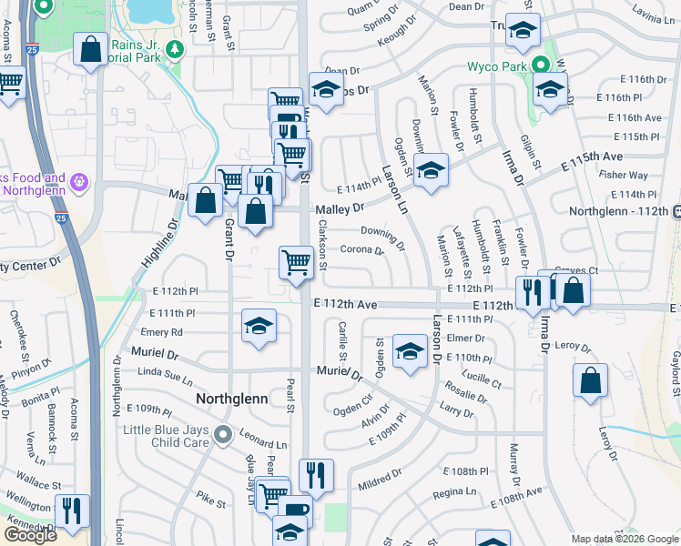 map of restaurants, bars, coffee shops, grocery stores, and more near 11267 Ogden Drive in Northglenn