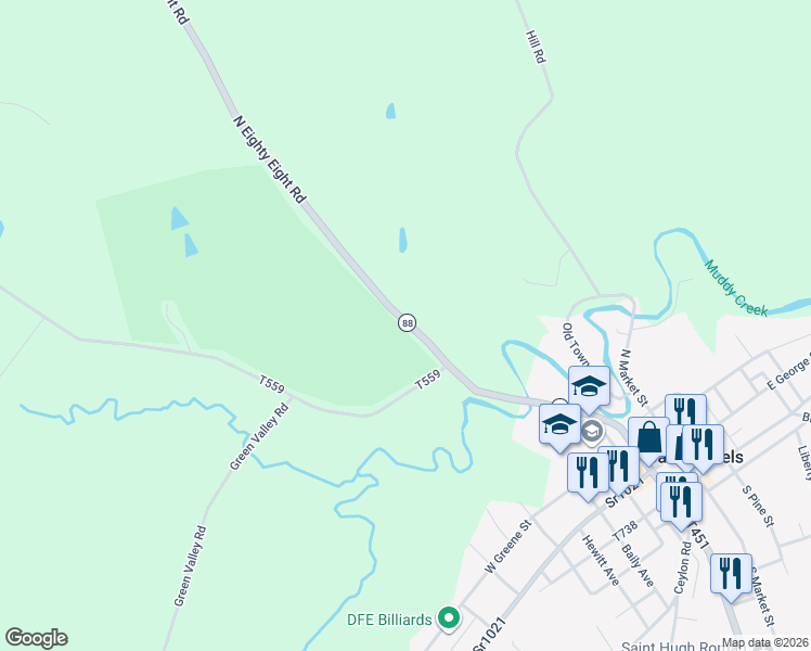 map of restaurants, bars, coffee shops, grocery stores, and more near 327 North Eighty Eight Road in Carmichaels