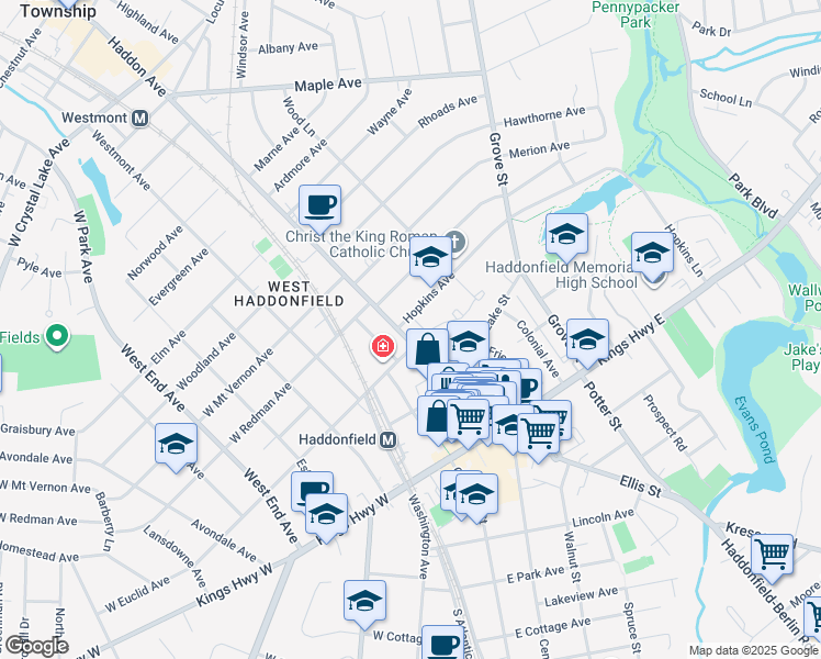 map of restaurants, bars, coffee shops, grocery stores, and more near 90 Tanner Street in Haddonfield