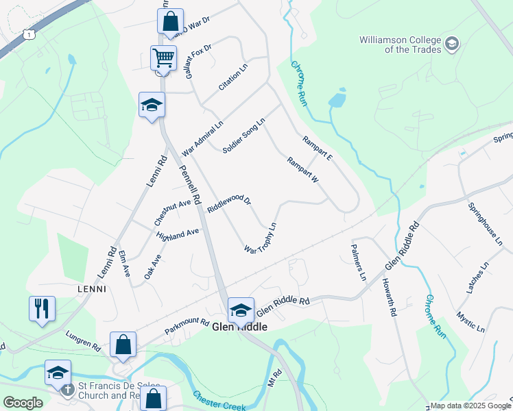 map of restaurants, bars, coffee shops, grocery stores, and more near 17 Riddlewood Drive in Media