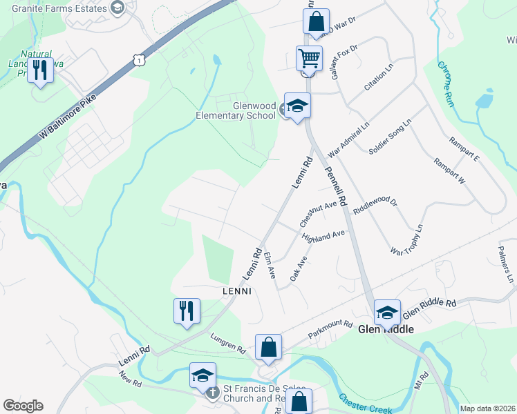 map of restaurants, bars, coffee shops, grocery stores, and more near 259 Lenni Road in Rose Valley