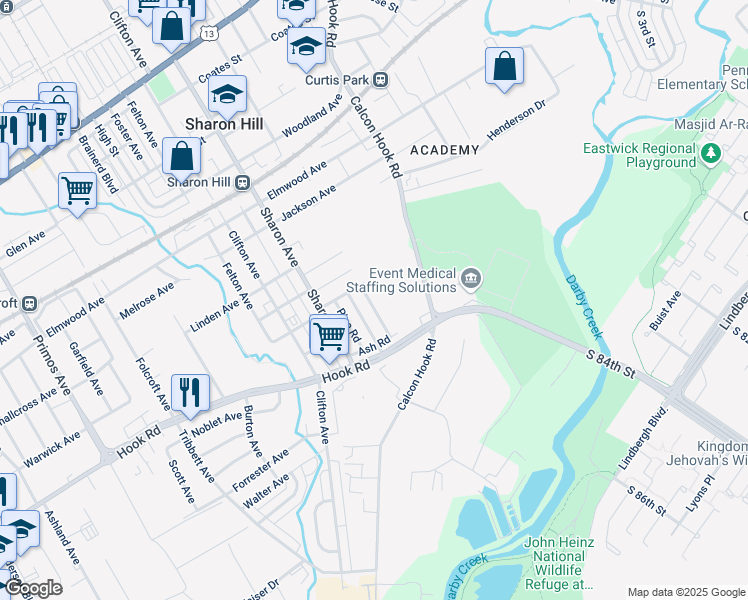 map of restaurants, bars, coffee shops, grocery stores, and more near 923 Barker Road in Sharon Hill