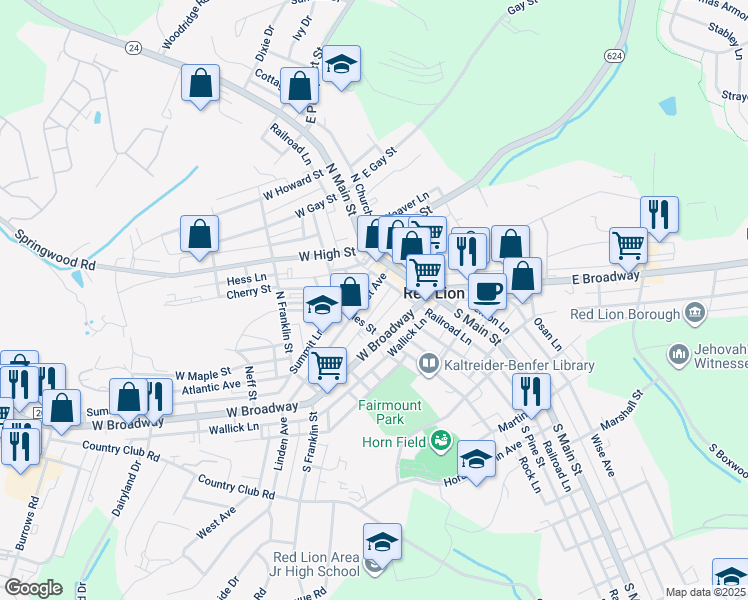map of restaurants, bars, coffee shops, grocery stores, and more near 54 1st Avenue in Red Lion
