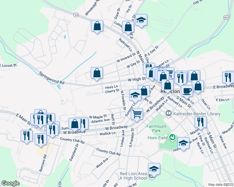 map of restaurants, bars, coffee shops, grocery stores, and more near 252 North Franklin Street in Red Lion