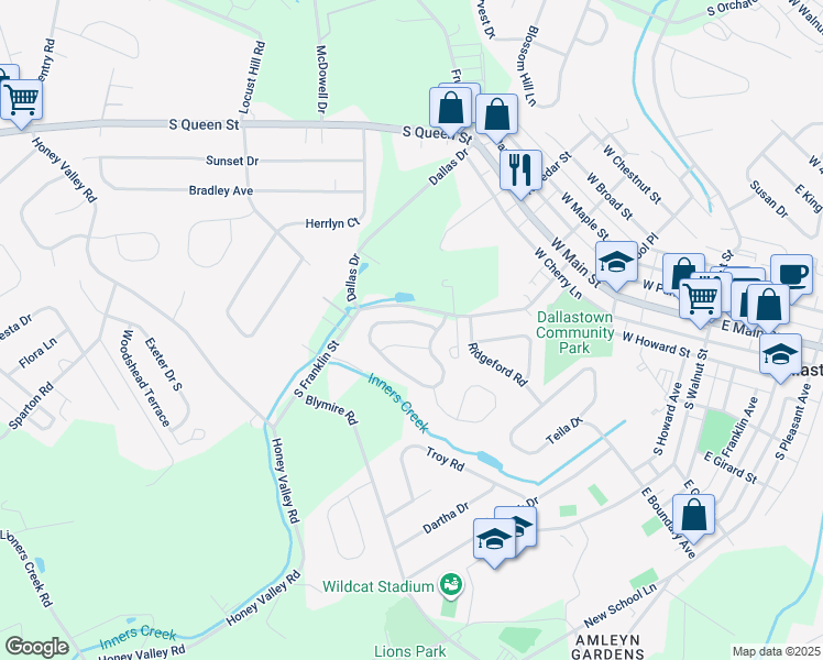 map of restaurants, bars, coffee shops, grocery stores, and more near 135 Franklin Square Drive in Dallastown