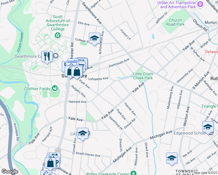 map of restaurants, bars, coffee shops, grocery stores, and more near 300 Harvard Avenue in Swarthmore