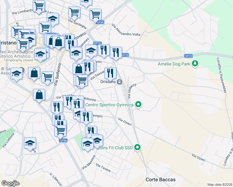 map of restaurants, bars, coffee shops, grocery stores, and more near 12 Via Nuoro in Oristano