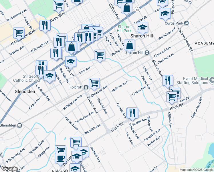 map of restaurants, bars, coffee shops, grocery stores, and more near Elmwood Ave & Folcroft Ave in Sharon Hill