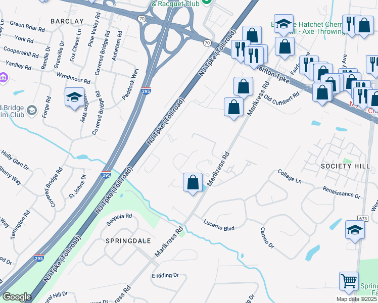 map of restaurants, bars, coffee shops, grocery stores, and more near 1700 Abbey Road in Cherry Hill