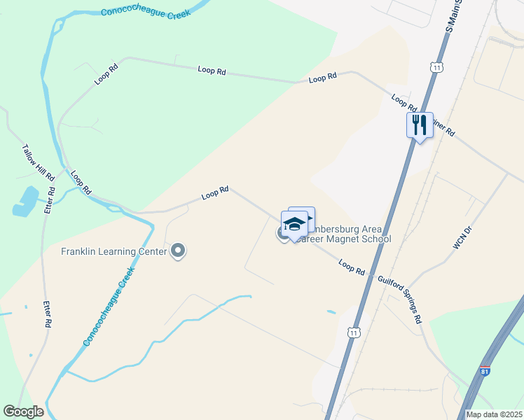 map of restaurants, bars, coffee shops, grocery stores, and more near 2463 Loop Road in Chambersburg