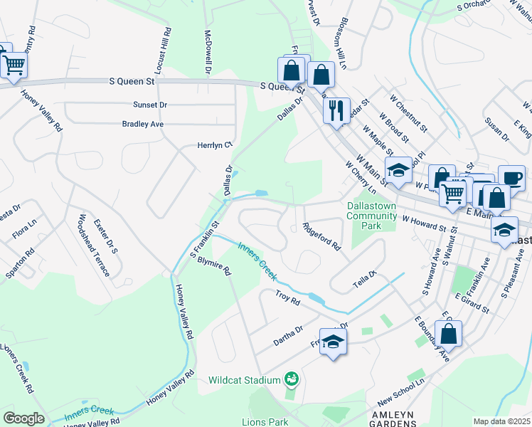 map of restaurants, bars, coffee shops, grocery stores, and more near 135 Franklin Square Drive in Dallastown