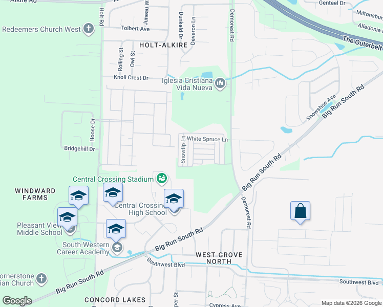 map of restaurants, bars, coffee shops, grocery stores, and more near 2502 Snowtip Lane in Grove City