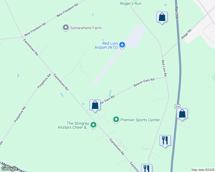 map of restaurants, bars, coffee shops, grocery stores, and more near 128 Beaver Dam Road in Southampton Township