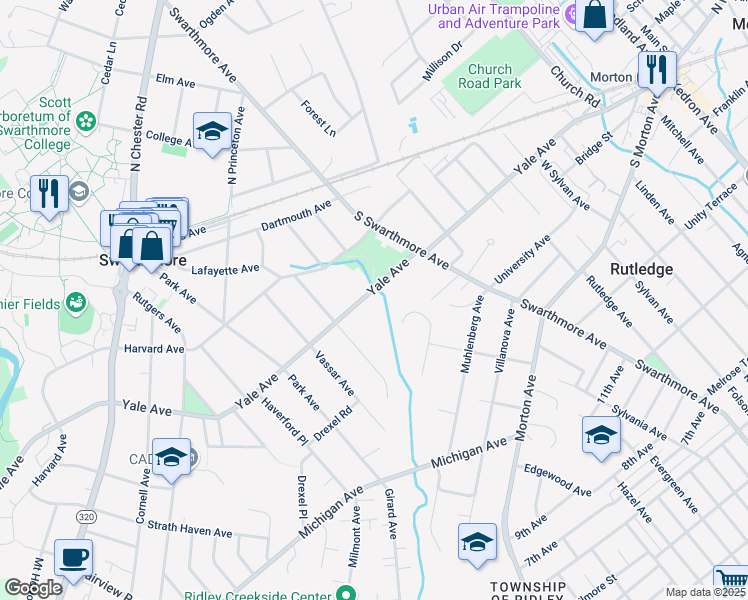 map of restaurants, bars, coffee shops, grocery stores, and more near 110 Harvard Avenue in Swarthmore