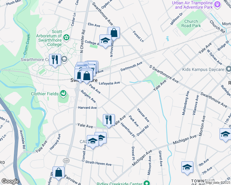map of restaurants, bars, coffee shops, grocery stores, and more near 313 Harvard Avenue in Swarthmore