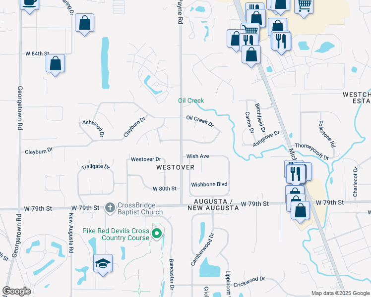 map of restaurants, bars, coffee shops, grocery stores, and more near 3810 Pebble Creek Drive in Indianapolis