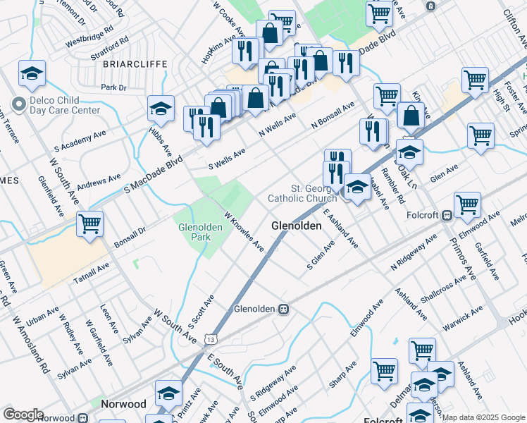 map of restaurants, bars, coffee shops, grocery stores, and more near 102 South Scott Avenue in Glenolden