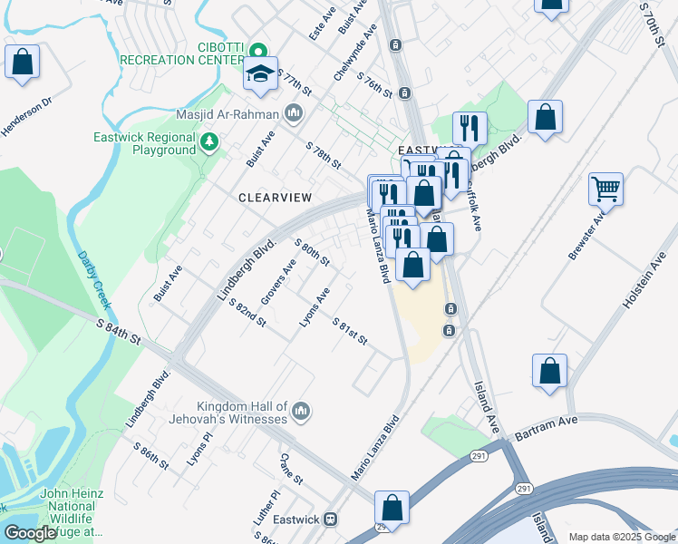 map of restaurants, bars, coffee shops, grocery stores, and more near 8001 Lyons Avenue in Philadelphia