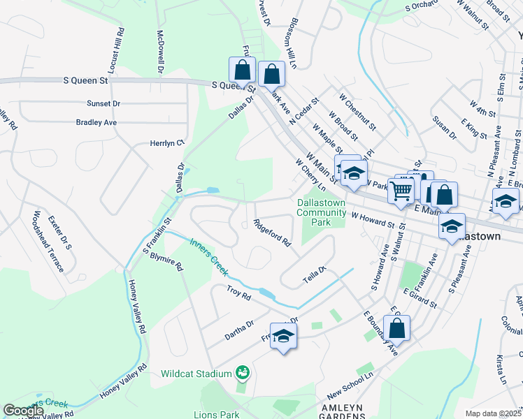map of restaurants, bars, coffee shops, grocery stores, and more near 79 South Franklin Street in Dallastown