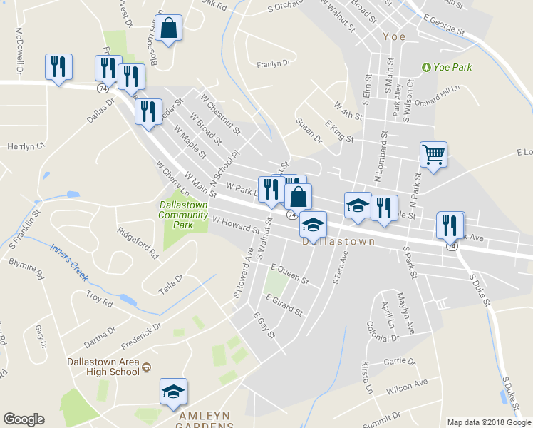 map of restaurants, bars, coffee shops, grocery stores, and more near 2 West Main Street in Dallastown