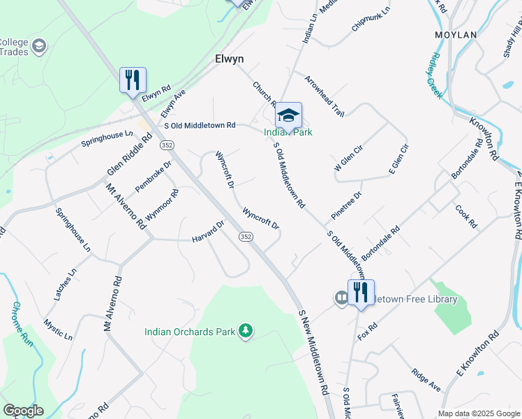 map of restaurants, bars, coffee shops, grocery stores, and more near 19 Wyncroft Drive in Media