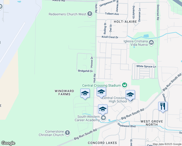 map of restaurants, bars, coffee shops, grocery stores, and more near 4571 Bridgehill Drive in Grove City