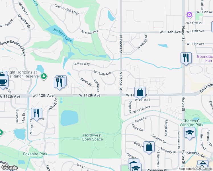 map of restaurants, bars, coffee shops, grocery stores, and more near 11265 Quivas Loop in Westminster