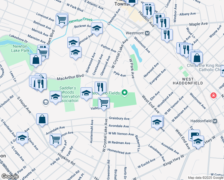 map of restaurants, bars, coffee shops, grocery stores, and more near 2078 West Crystal Lake Avenue in Haddonfield