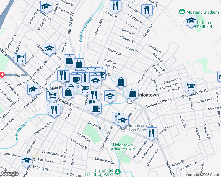 map of restaurants, bars, coffee shops, grocery stores, and more near 97 East Main Street in Uniontown