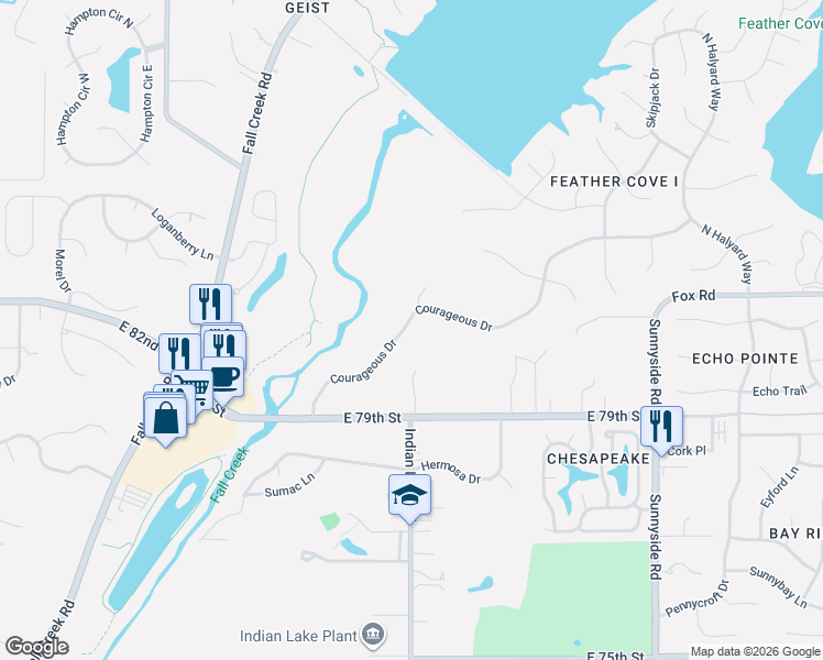 map of restaurants, bars, coffee shops, grocery stores, and more near 10396 Courageous Drive in Indianapolis