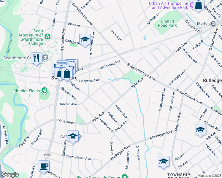 map of restaurants, bars, coffee shops, grocery stores, and more near 214 Dickinson Avenue in Swarthmore
