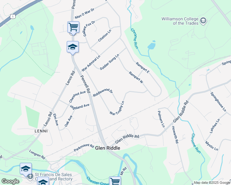 map of restaurants, bars, coffee shops, grocery stores, and more near 17 Riddlewood Drive in Media