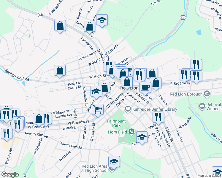 map of restaurants, bars, coffee shops, grocery stores, and more near 54 1st Avenue in Red Lion