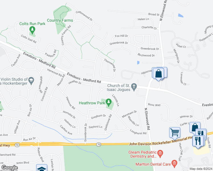 map of restaurants, bars, coffee shops, grocery stores, and more near 25 Lancaster Drive in Evesham Township