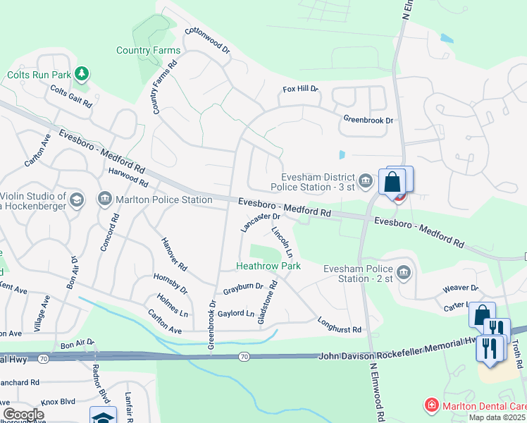 map of restaurants, bars, coffee shops, grocery stores, and more near 25 Lancaster Drive in Evesham Township