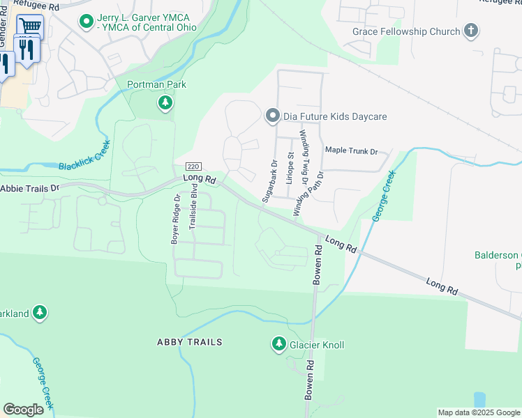 map of restaurants, bars, coffee shops, grocery stores, and more near 7379 Long Road in Canal Winchester