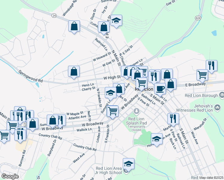 map of restaurants, bars, coffee shops, grocery stores, and more near 130 North Charles Street in Red Lion