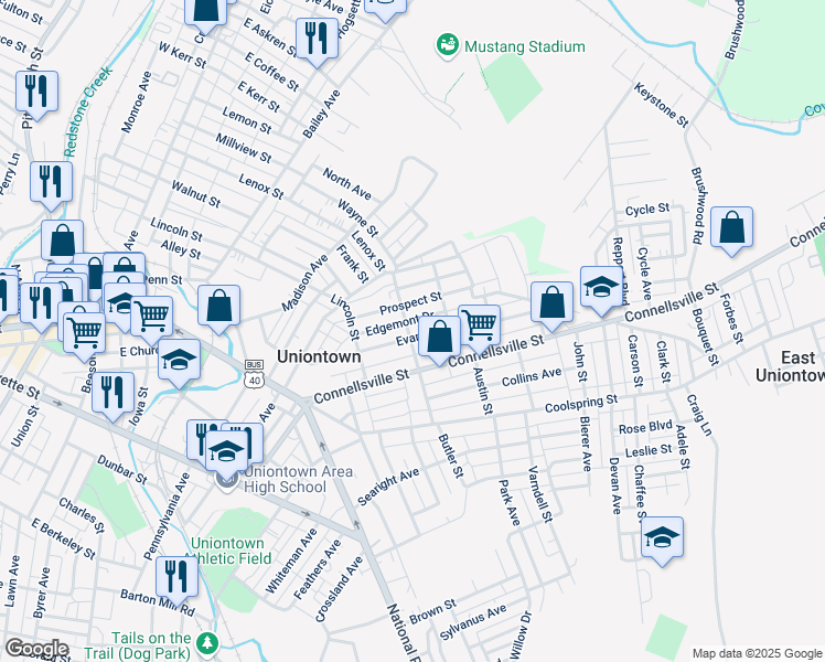map of restaurants, bars, coffee shops, grocery stores, and more near 201 Evans Street in Uniontown