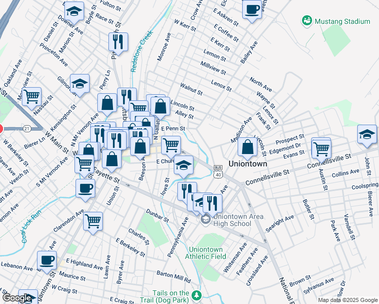 map of restaurants, bars, coffee shops, grocery stores, and more near 125 East Main Street in Uniontown
