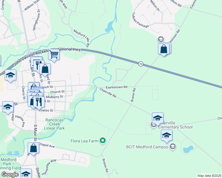 map of restaurants, bars, coffee shops, grocery stores, and more near 1000 Haynes Run in Medford