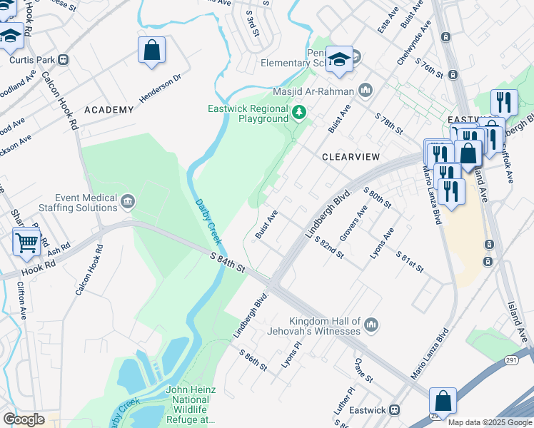 map of restaurants, bars, coffee shops, grocery stores, and more near 8209 Buist Avenue in Philadelphia