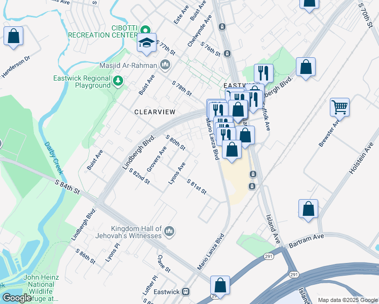 map of restaurants, bars, coffee shops, grocery stores, and more near 8001 Lyons Avenue in Philadelphia
