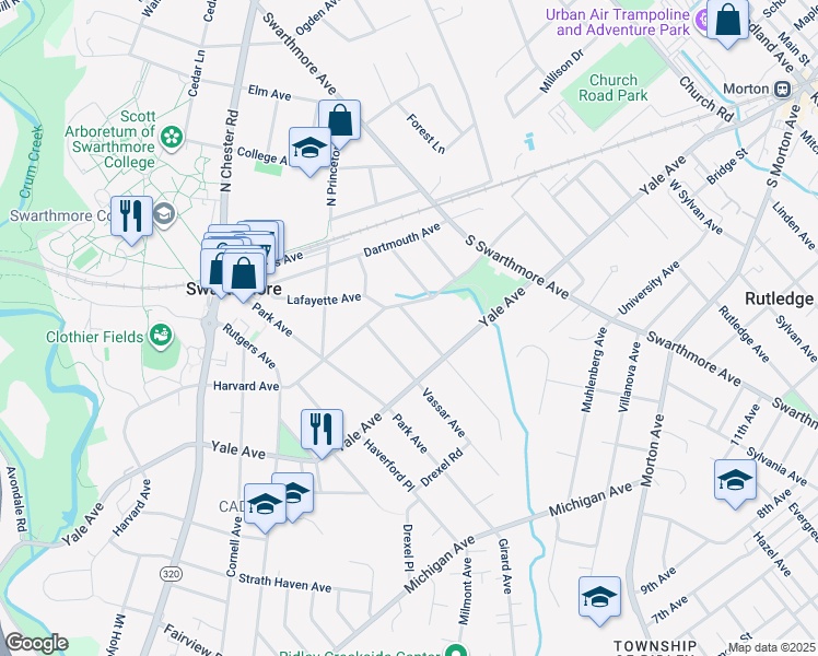 map of restaurants, bars, coffee shops, grocery stores, and more near 214 Dickinson Avenue in Swarthmore