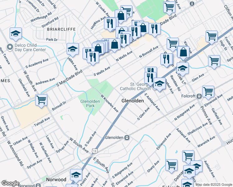 map of restaurants, bars, coffee shops, grocery stores, and more near 100 West Gardner Avenue in Glenolden