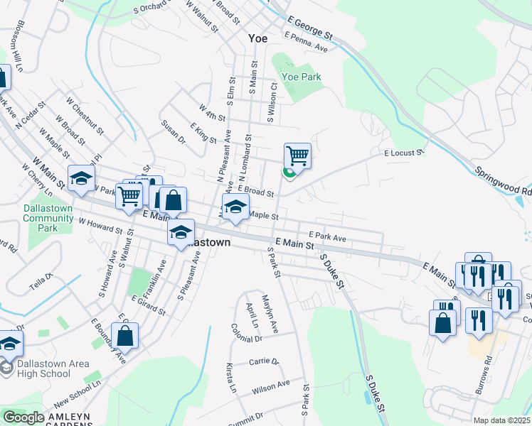 map of restaurants, bars, coffee shops, grocery stores, and more near 381 East Maple Street in Dallastown