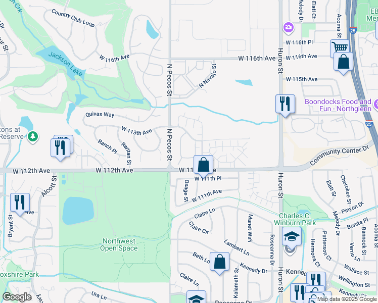 map of restaurants, bars, coffee shops, grocery stores, and more near 11203 Osage Circle in Northglenn